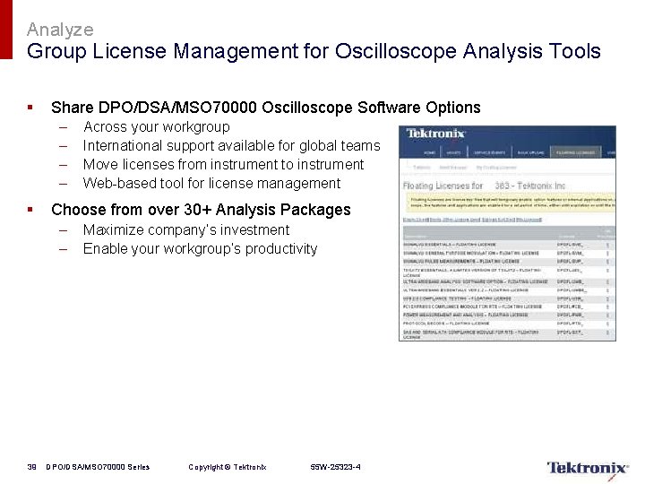Analyze Group License Management for Oscilloscope Analysis Tools § Share DPO/DSA/MSO 70000 Oscilloscope Software