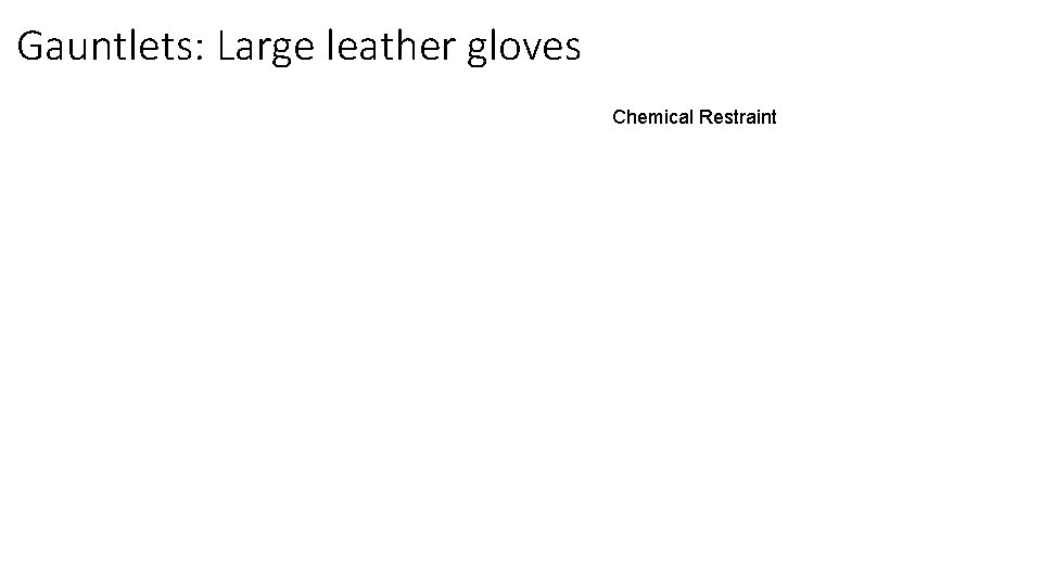 Gauntlets: Large leather gloves 14 Chemical Restraint “Cat Gloves” 