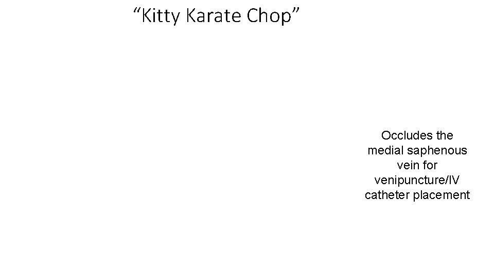 “Kitty Karate Chop” 22 Occludes the medial saphenous vein for venipuncture/IV catheter placement 