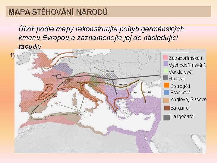 MAPA STĚHOVÁNÍ NÁRODŮ Úkol: podle mapy rekonstruujte pohyb germánských kmenů Evropou a zaznamenejte jej
