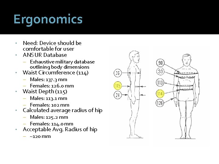 Ergonomics Need: Device should be comfortable for user • ANSUR Database • – Exhaustive