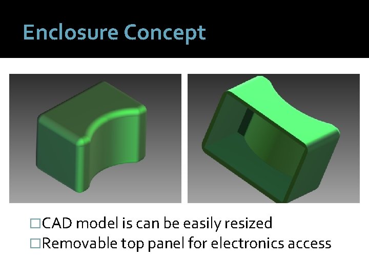 Enclosure Concept �CAD model is can be easily resized �Removable top panel for electronics