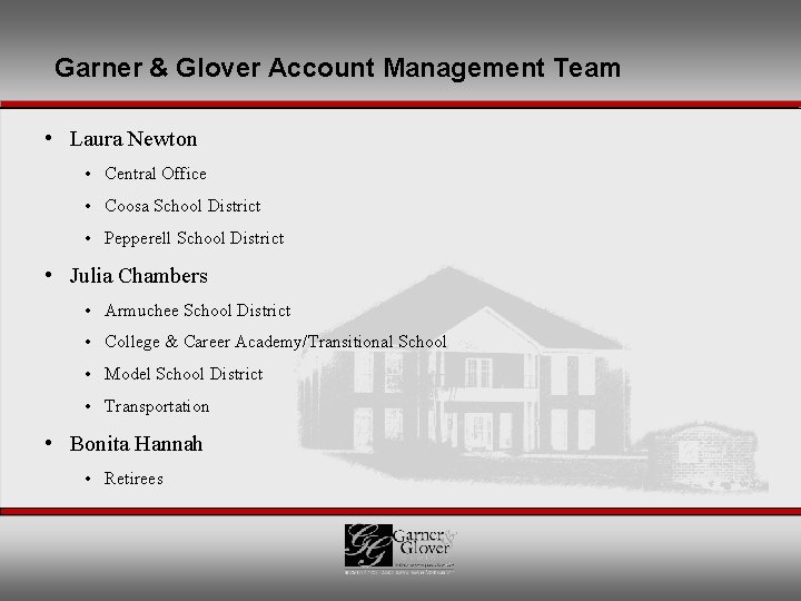 Garner & Glover Account Management Team • Laura Newton • Central Office • Coosa