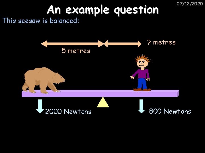 An example question 07/12/2020 This seesaw is balanced: 5 metres 2000 Newtons ? metres