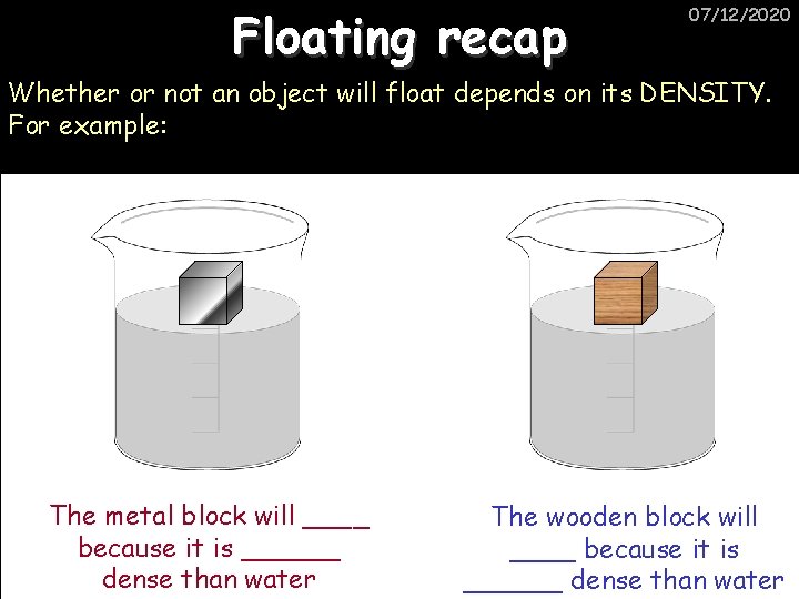 Floating recap 07/12/2020 Whether or not an object will float depends on its DENSITY.