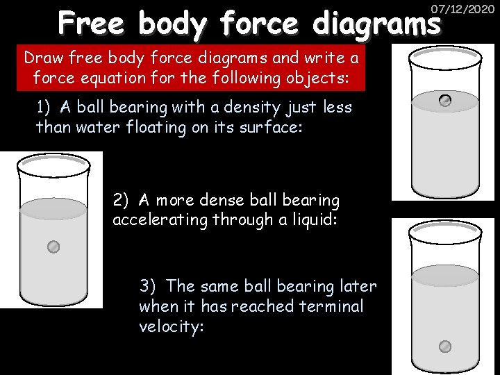 Free body force diagrams 07/12/2020 Draw free body force diagrams and write a force