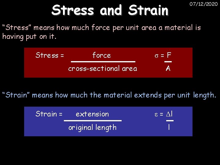 Stress and Strain 07/12/2020 “Stress” means how much force per unit area a material