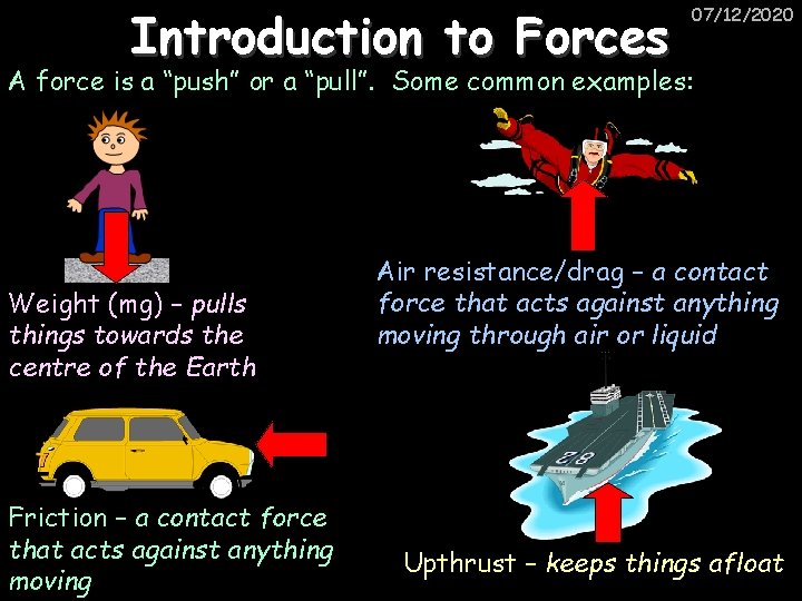 Introduction to Forces 07/12/2020 A force is a “push” or a “pull”. Some common