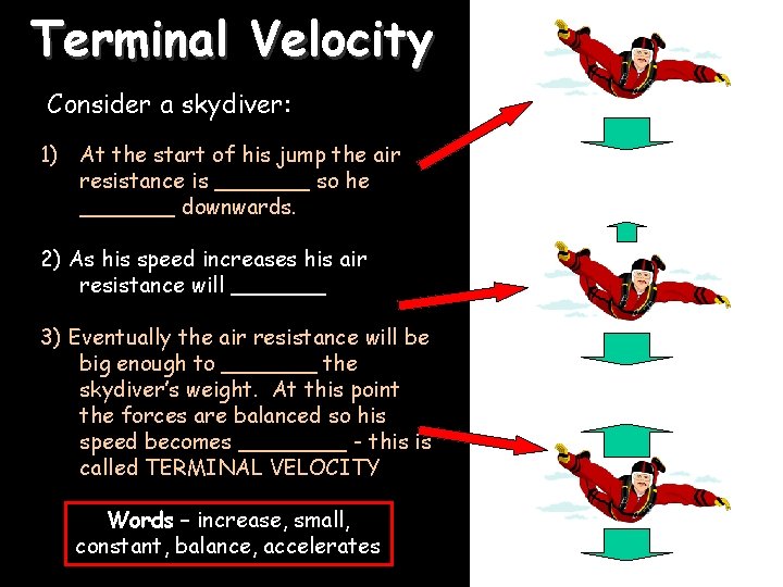 Terminal Velocity Consider a skydiver: 1) At the start of his jump the air