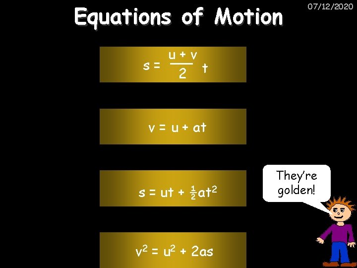 Equations of Motion 07/12/2020 u+v s= 2 t v = u + at s