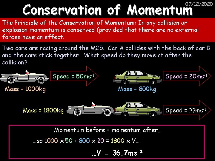 Conservation of Momentum 07/12/2020 The Principle of the Conservation of Momentum: In any collision