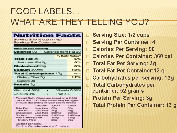 FOOD LABELS… WHAT ARE THEY TELLING YOU? � � � � � Serving Size: