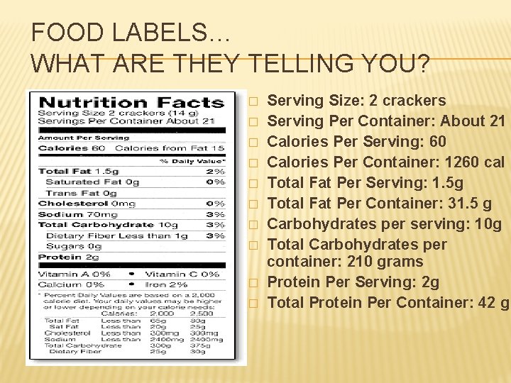 FOOD LABELS… WHAT ARE THEY TELLING YOU? � � � � � Serving Size: