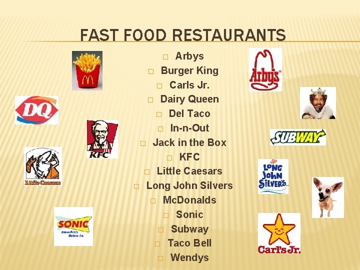 FAST FOOD RESTAURANTS Arbys � Burger King � Carls Jr. � Dairy Queen �