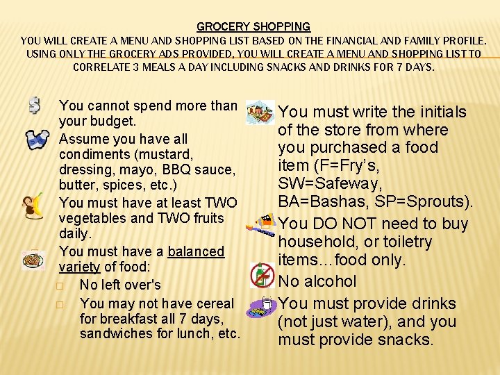 GROCERY SHOPPING YOU WILL CREATE A MENU AND SHOPPING LIST BASED ON THE FINANCIAL