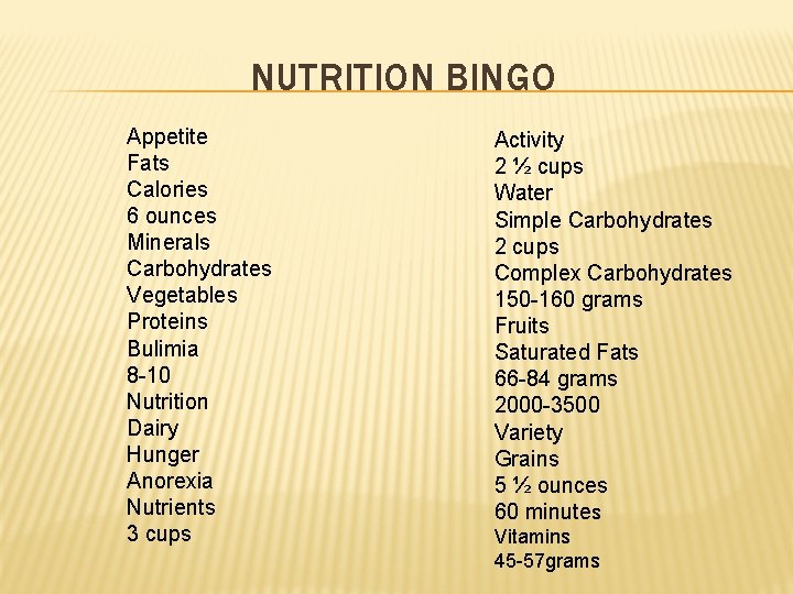 NUTRITION BINGO Appetite Fats Calories 6 ounces Minerals Carbohydrates Vegetables Proteins Bulimia 8 -10