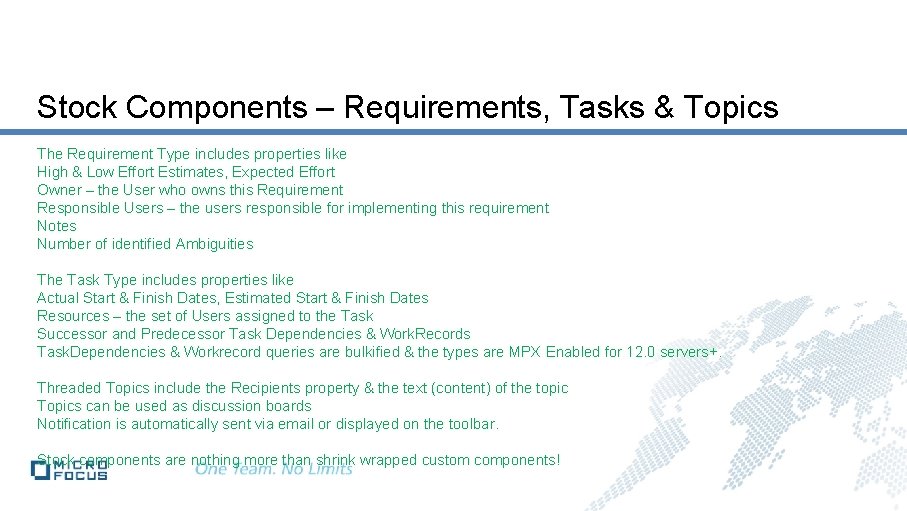 Stock Components – Requirements, Tasks & Topics The Requirement Type includes properties like High