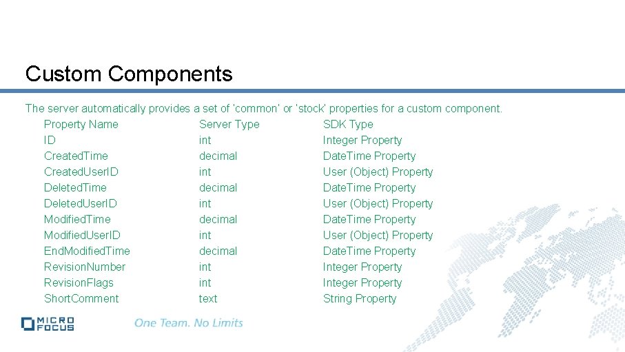 Custom Components The server automatically provides a set of ‘common’ or ‘stock’ properties for