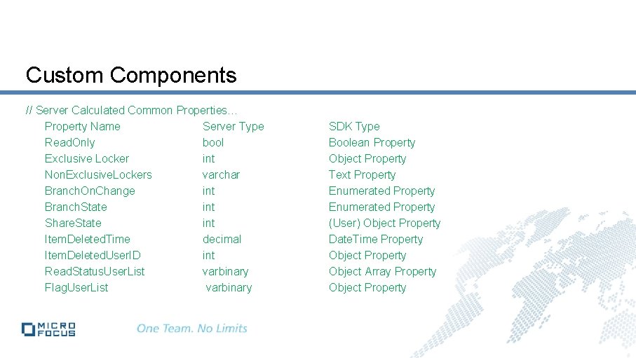 Custom Components // Server Calculated Common Properties… Property Name Server Type Read. Only bool