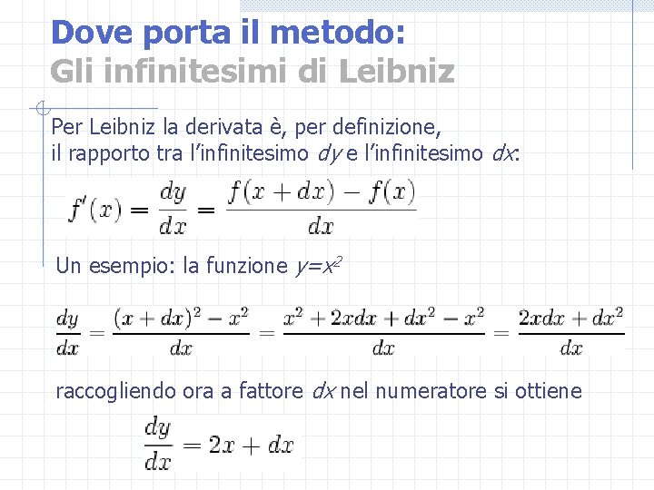 Dove porta il metodo: Gli infinitesimi di Leibniz Per Leibniz la derivata è, per