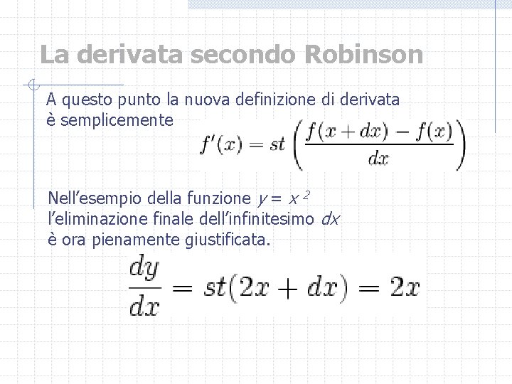 La derivata secondo Robinson A questo punto la nuova definizione di derivata è semplicemente