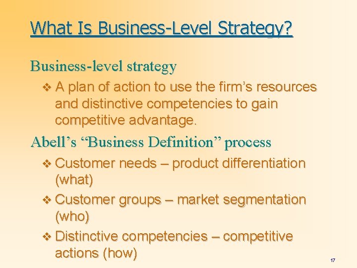 What Is Business-Level Strategy? Business-level strategy v A plan of action to use the