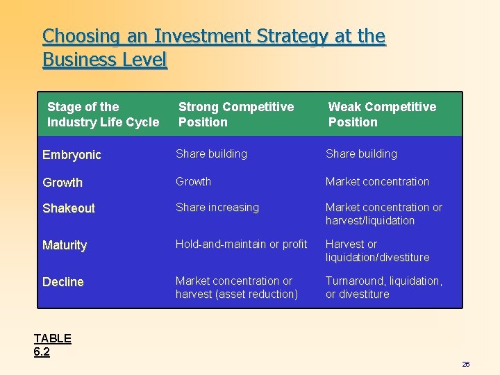 Choosing an Investment Strategy at the Business Level Stage of the Industry Life Cycle