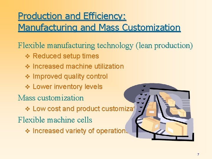 Production and Efficiency: Manufacturing and Mass Customization Flexible manufacturing technology (lean production) v Reduced