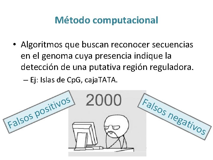 Método computacional • Algoritmos que buscan reconocer secuencias en el genoma cuya presencia indique