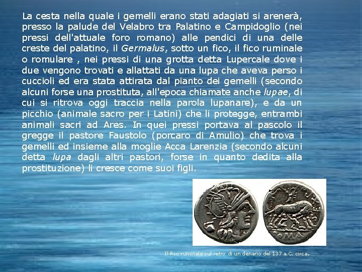 La cesta nella quale i gemelli erano stati adagiati si arenerà, presso la palude