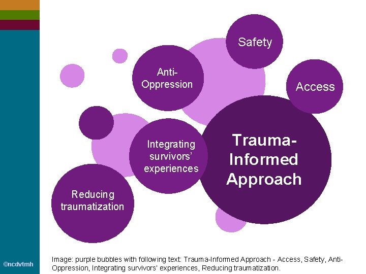 Safety Anti. Oppression Integrating survivors’ experiences Access Trauma. Informed Approach Reducing traumatization ©ncdvtmh Image: