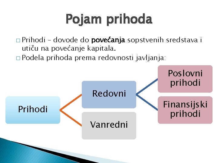 Pojam prihoda � Prihodi – dovode do povećanja sopstvenih sredstava i utiču na povećanje Pojam prihoda � Prihodi – dovode do povećanja sopstvenih sredstava i utiču na povećanje