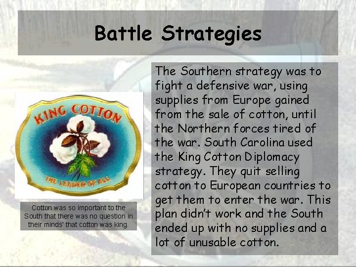 Battle Strategies Cotton was so important to the South that there was no question