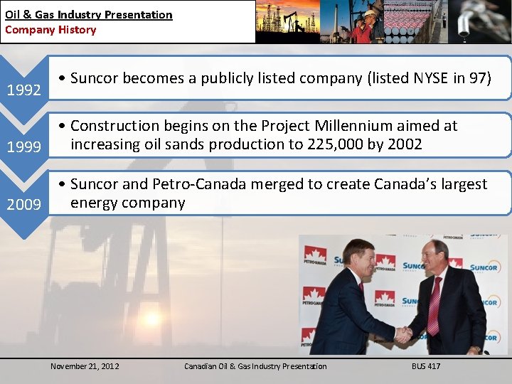 Oil & Gas Industry Presentation Company History 1992 • Suncor becomes a publicly listed