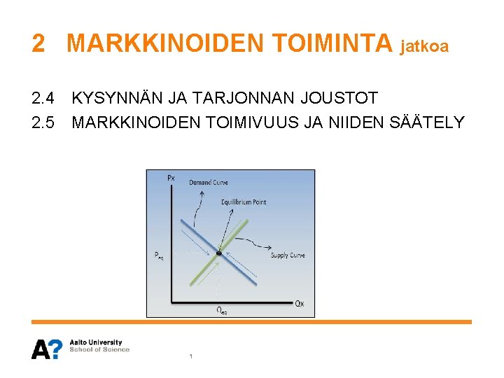 2 MARKKINOIDEN TOIMINTA jatkoa 2. 4 KYSYNNÄN JA TARJONNAN JOUSTOT 2. 5 MARKKINOIDEN TOIMIVUUS 2 MARKKINOIDEN TOIMINTA jatkoa 2. 4 KYSYNNÄN JA TARJONNAN JOUSTOT 2. 5 MARKKINOIDEN TOIMIVUUS