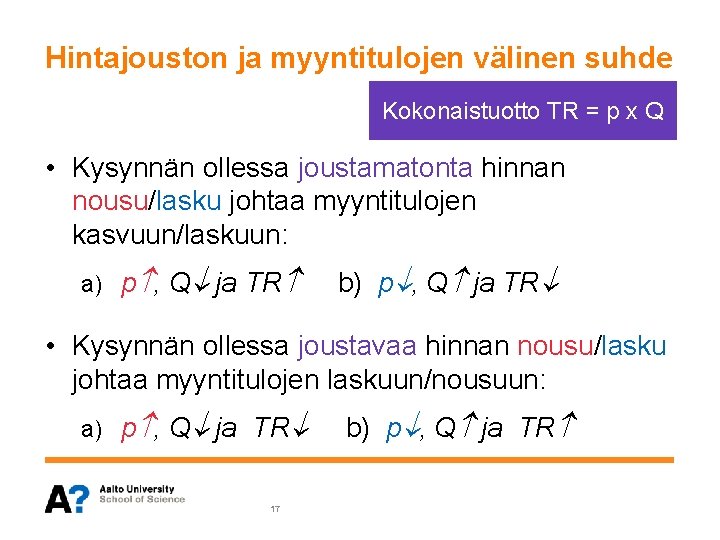 Hintajouston ja myyntitulojen välinen suhde Kokonaistuotto TR = p x Q • Kysynnän ollessa Hintajouston ja myyntitulojen välinen suhde Kokonaistuotto TR = p x Q • Kysynnän ollessa