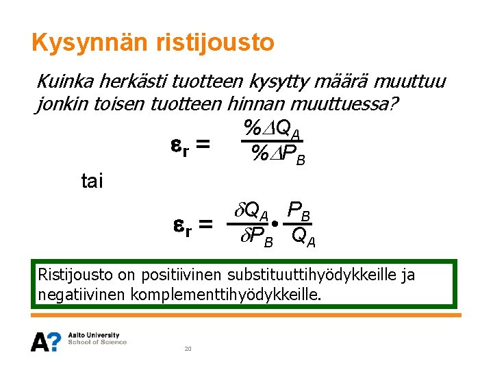 Kysynnän ristijousto Kuinka herkästi tuotteen kysytty määrä muuttuu jonkin toisen tuotteen hinnan muuttuessa? % Kysynnän ristijousto Kuinka herkästi tuotteen kysytty määrä muuttuu jonkin toisen tuotteen hinnan muuttuessa? %