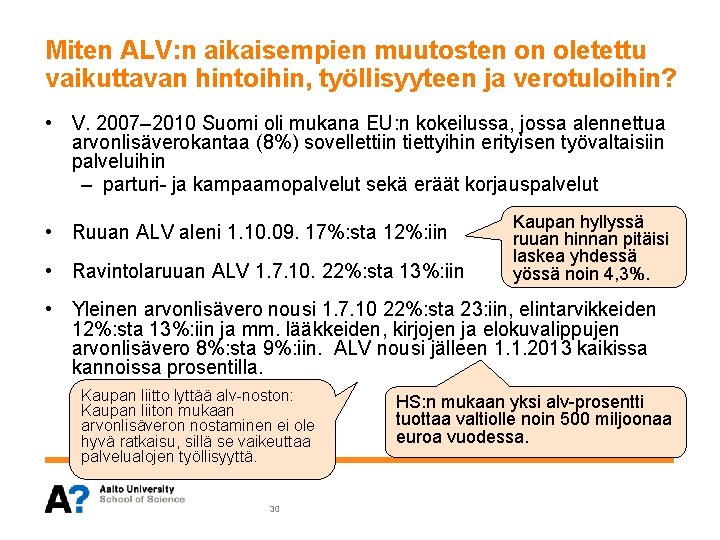 Miten ALV: n aikaisempien muutosten on oletettu vaikuttavan hintoihin, työllisyyteen ja verotuloihin? • V. Miten ALV: n aikaisempien muutosten on oletettu vaikuttavan hintoihin, työllisyyteen ja verotuloihin? • V.