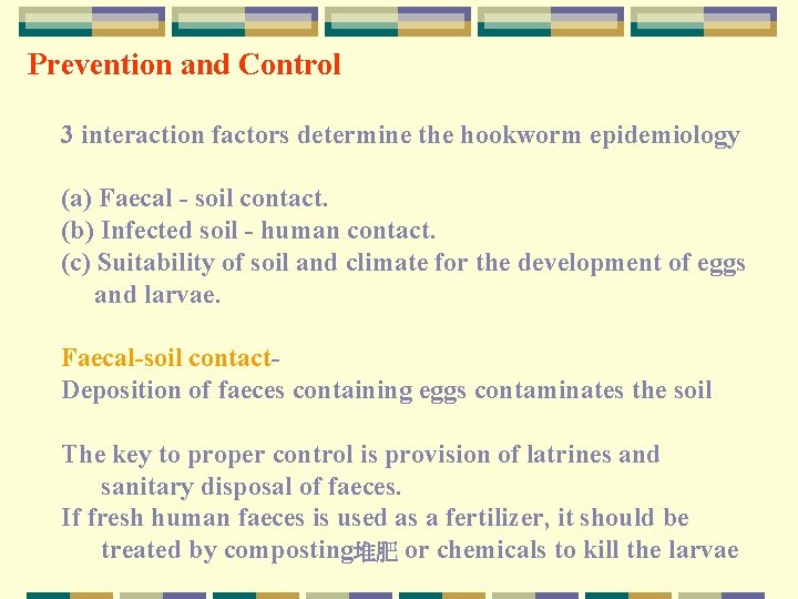 Prevention and Control 3 interaction factors determine the hookworm epidemiology (a) Faecal - soil