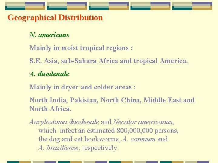 Geographical Distribution N. americans Mainly in moist tropical regions : S. E. Asia, sub-Sahara