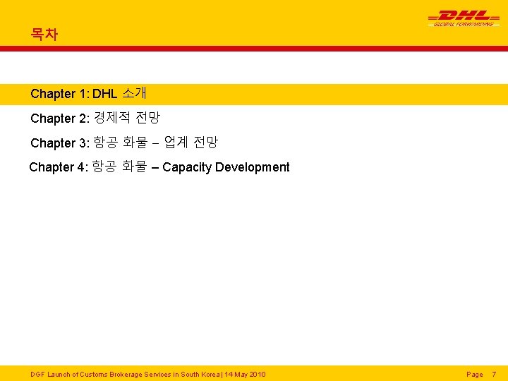 목차 Chapter 1: DHL 소개 Chapter 2: 경제적 전망 Chapter 3: 항공 화물 –