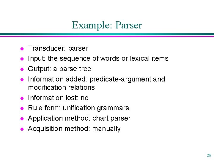 Example: Parser l l l l Transducer: parser Input: the sequence of words or