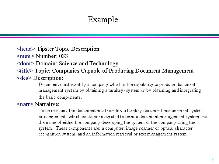 Example <head> Tipster Topic Description <num> Number: 033 <dom> Domain: Science and Technology <title>