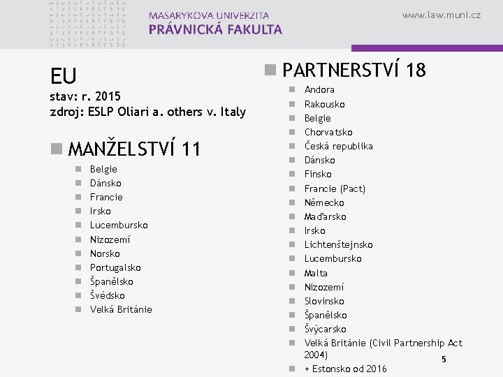 www. law. muni. cz n PARTNERSTVÍ 18 EU stav: r. 2015 zdroj: ESLP Oliari