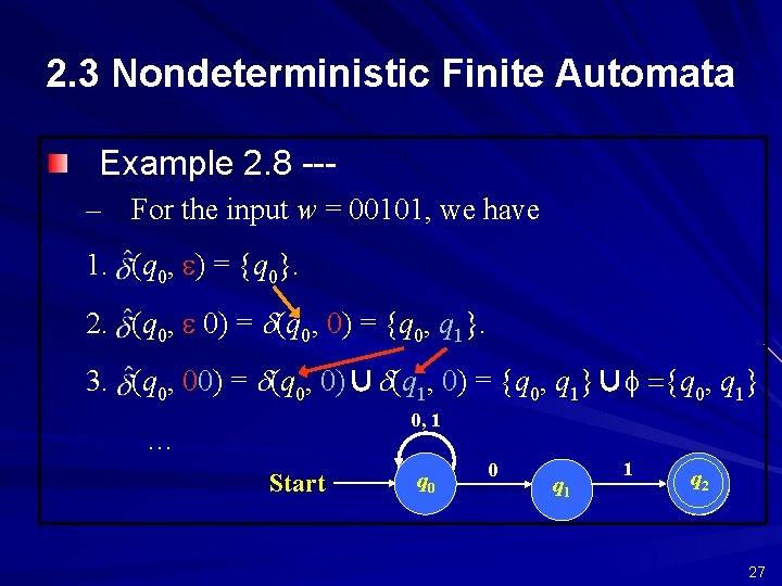 2. 3 Nondeterministic Finite Automata Example 2. 8 --– For the input w =