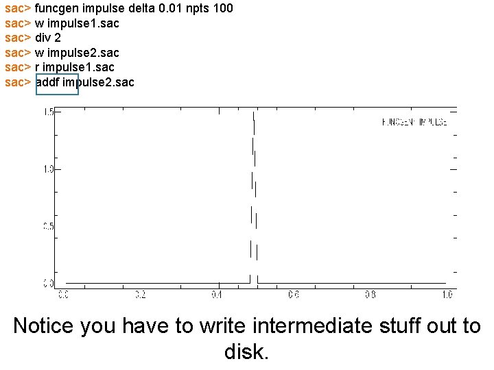 sac> funcgen impulse delta 0. 01 npts 100 sac> w impulse 1. sac> div