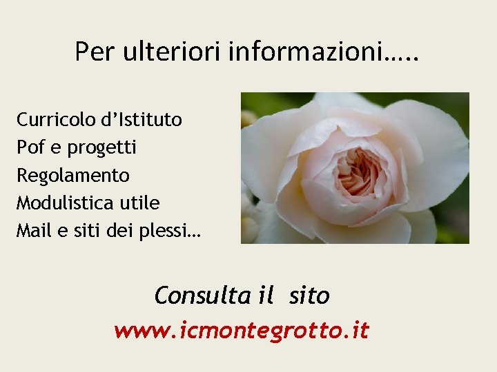 Per ulteriori informazioni…. . Curricolo d’Istituto Pof e progetti Regolamento Modulistica utile Mail e