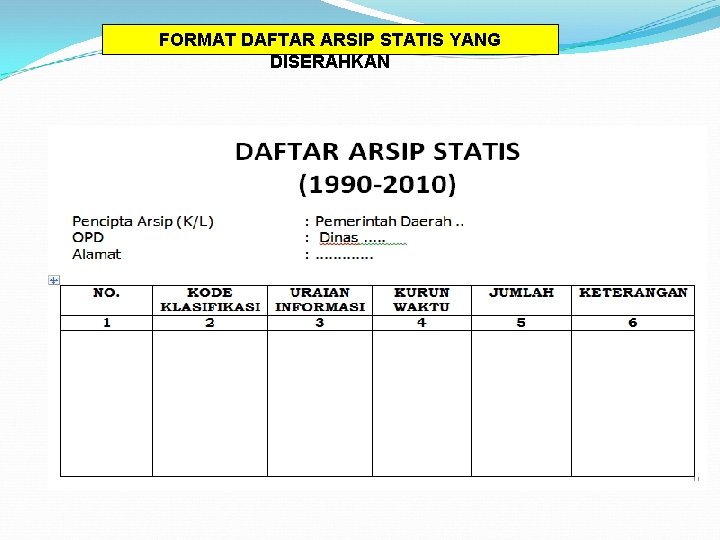 FORMAT DAFTAR ARSIP STATIS YANG DISERAHKAN 