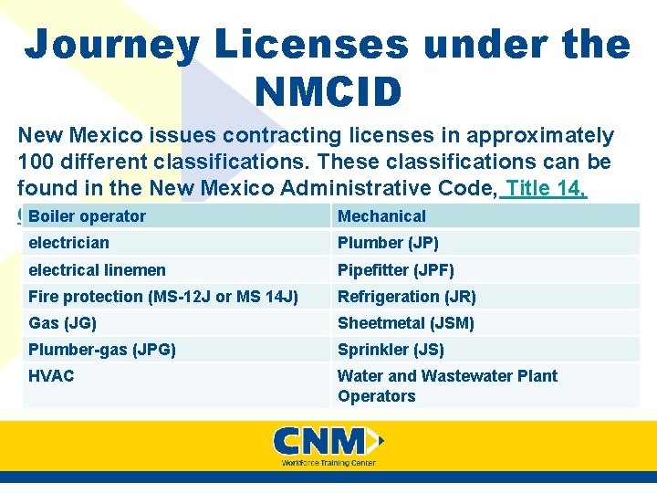 Journey Licenses under the NMCID New Mexico issues contracting licenses in approximately 100 different Journey Licenses under the NMCID New Mexico issues contracting licenses in approximately 100 different