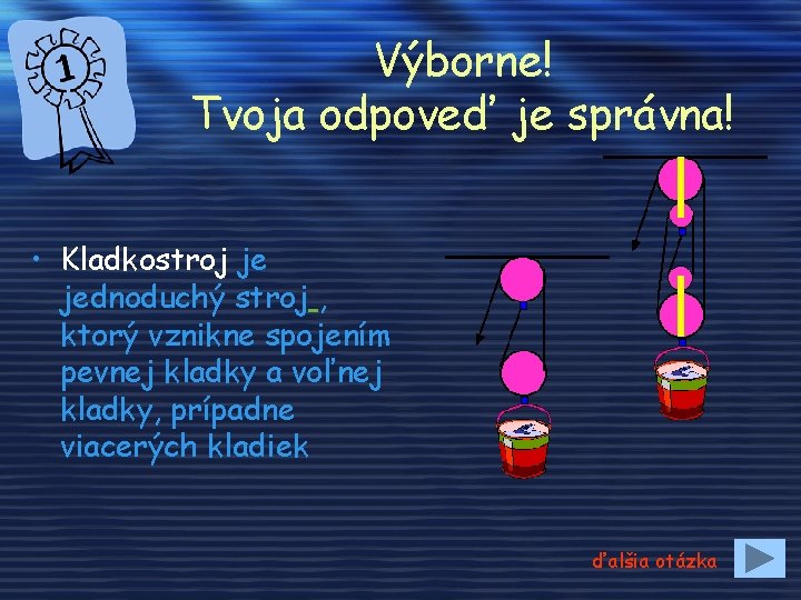 Výborne! Tvoja odpoveď je správna! • Kladkostroj je jednoduchý stroj , ktorý vznikne spojením